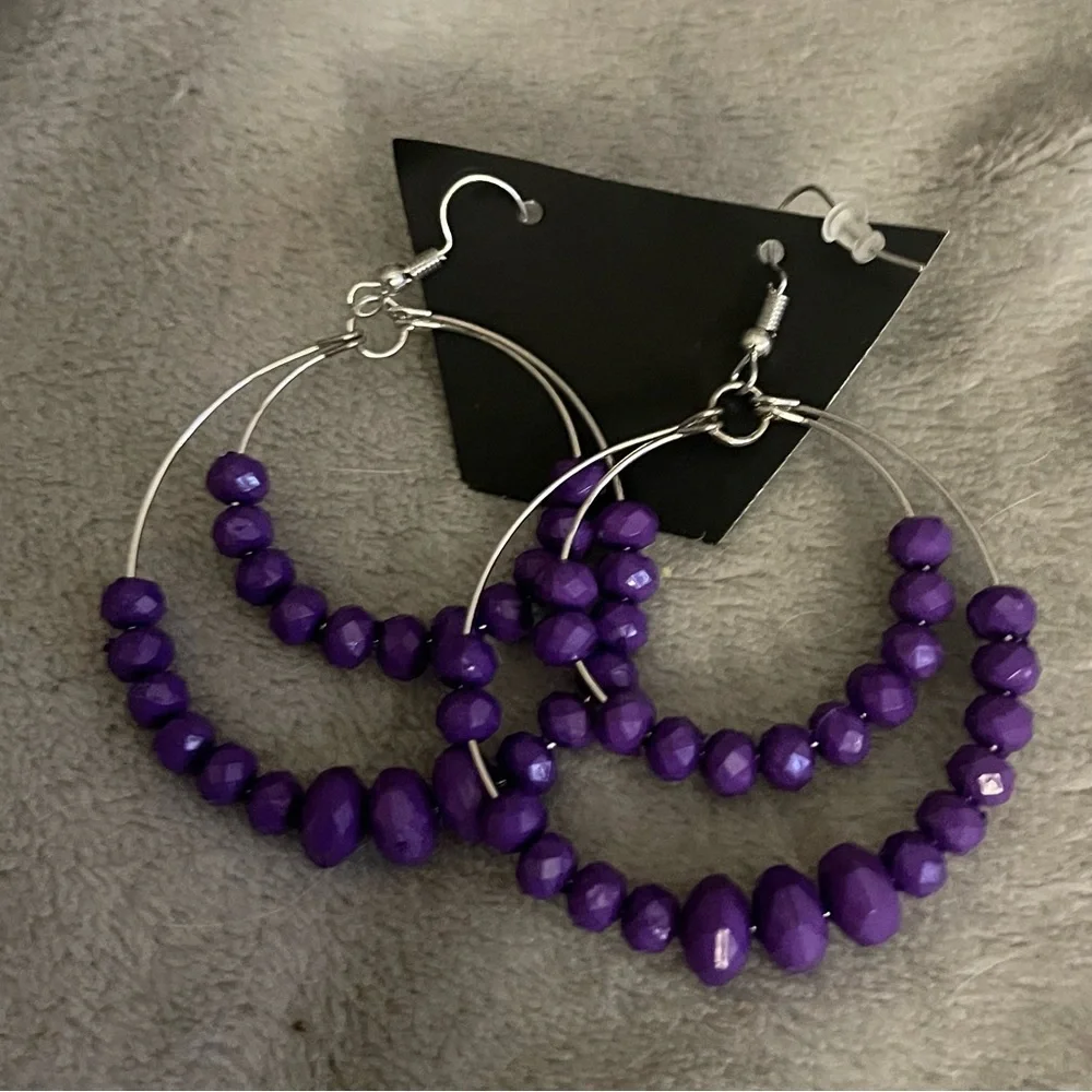 New Handmade Faceted Sterling Silver Purple Bead Bottom 2 Layer Hoop Earrings